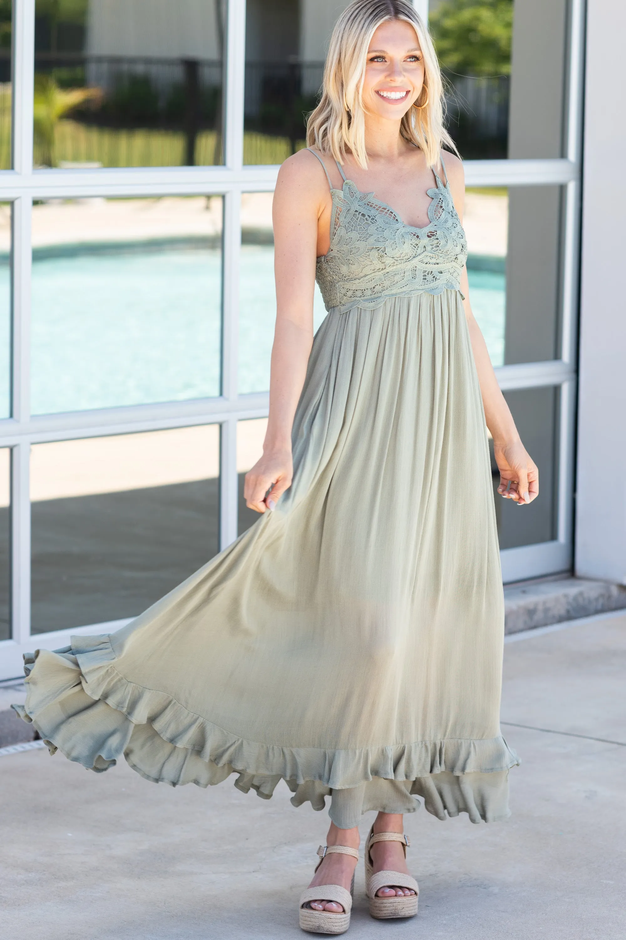 Lock Eyes Olive Green Crochet Maxi Dress