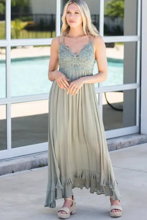Lock Eyes Olive Green Crochet Maxi Dress