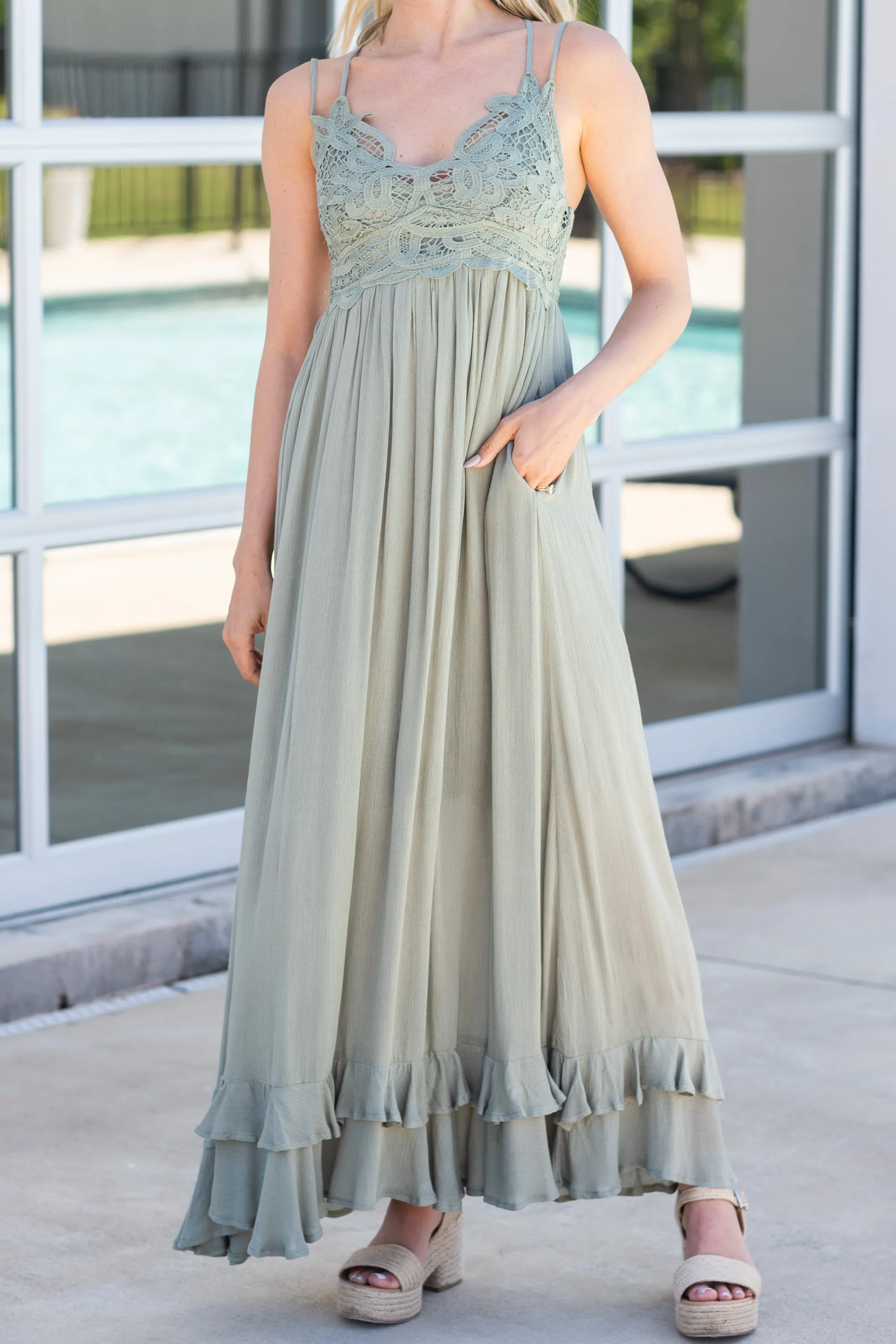 Lock Eyes Olive Green Crochet Maxi Dress