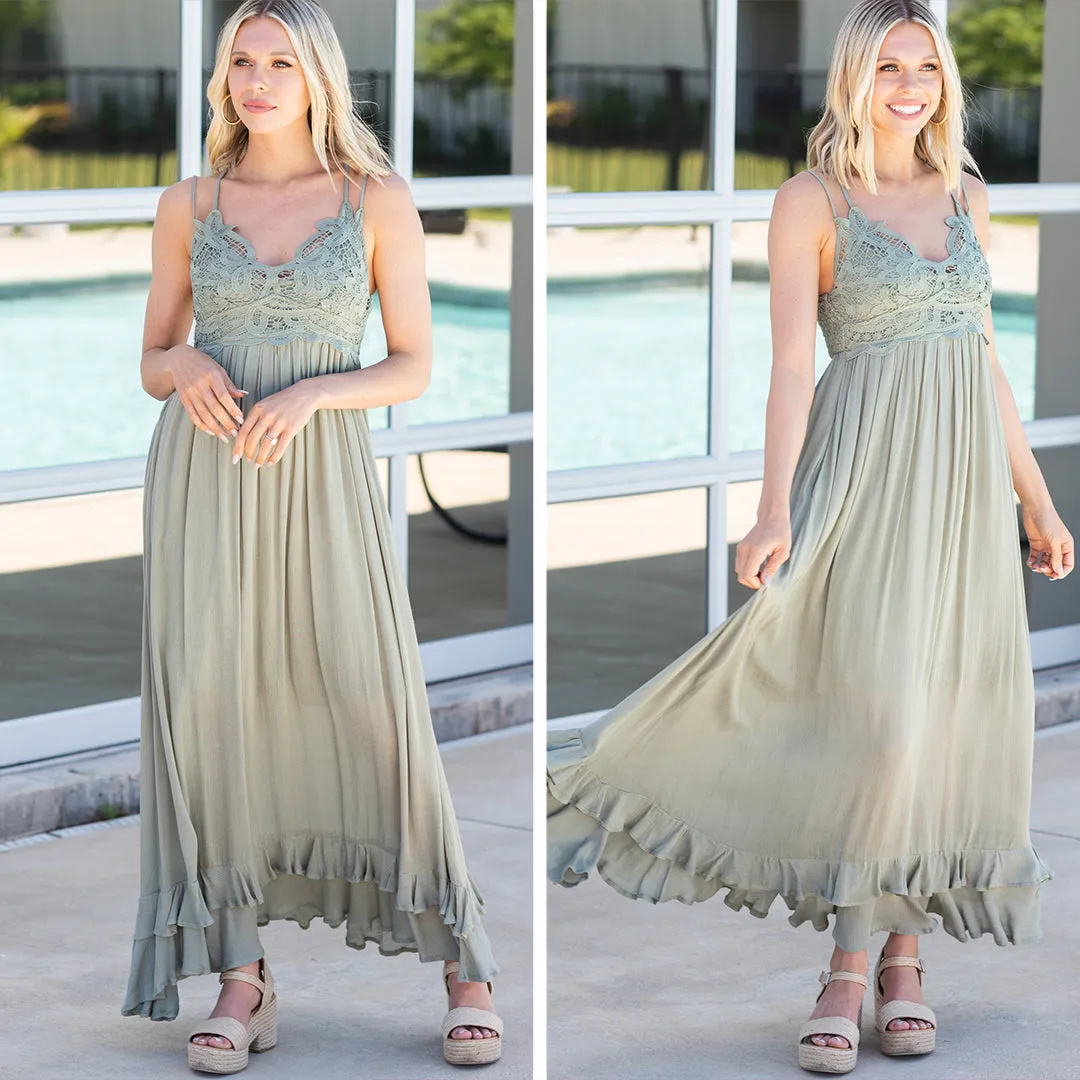 Lock Eyes Olive Green Crochet Maxi Dress