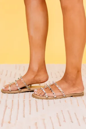 Look Sharp Tan And Clear Studded Slide Sandals
