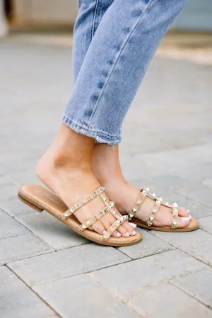 Look Sharp Taupe Brown Studded Slide Sandals