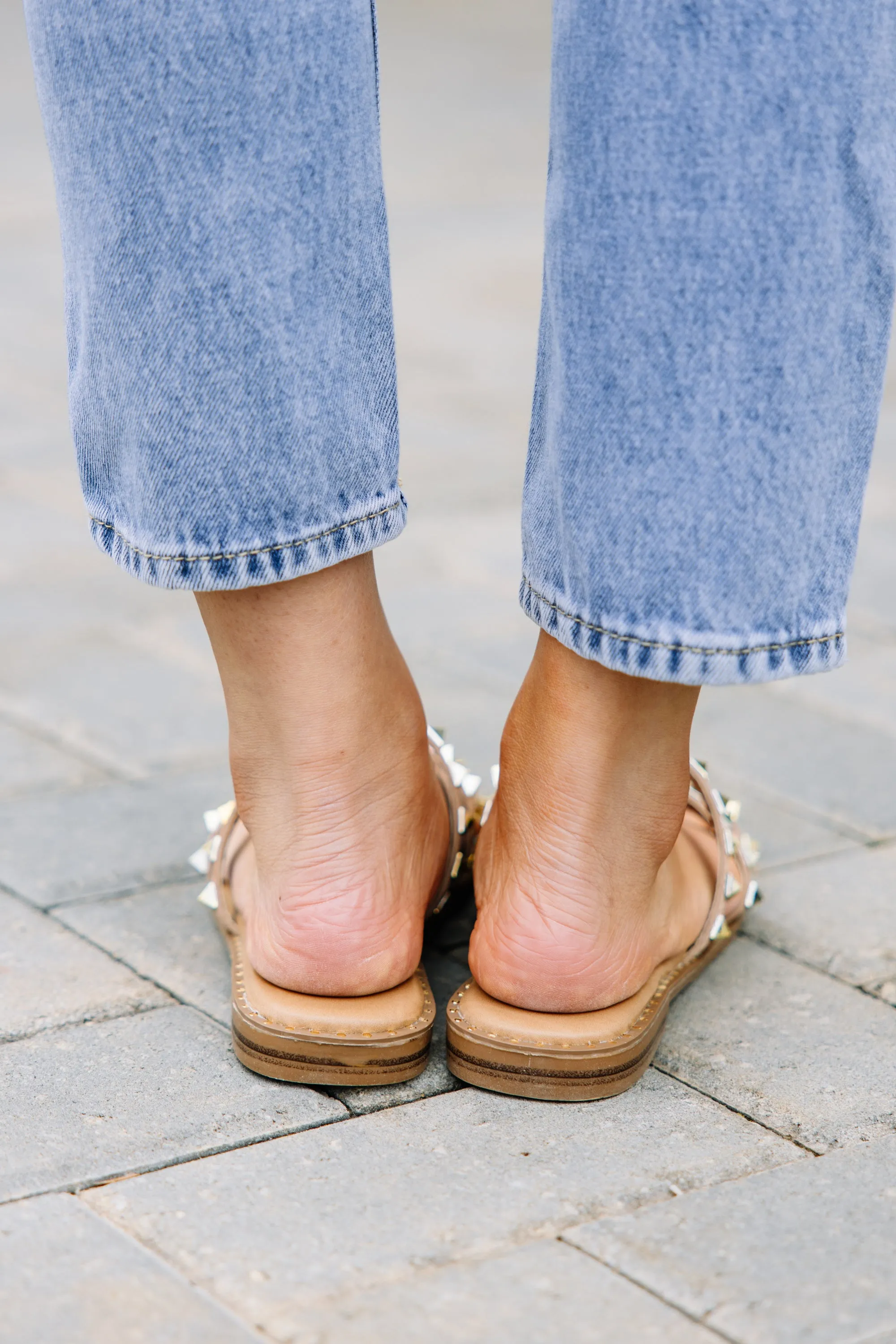 Look Sharp Taupe Brown Studded Slide Sandals