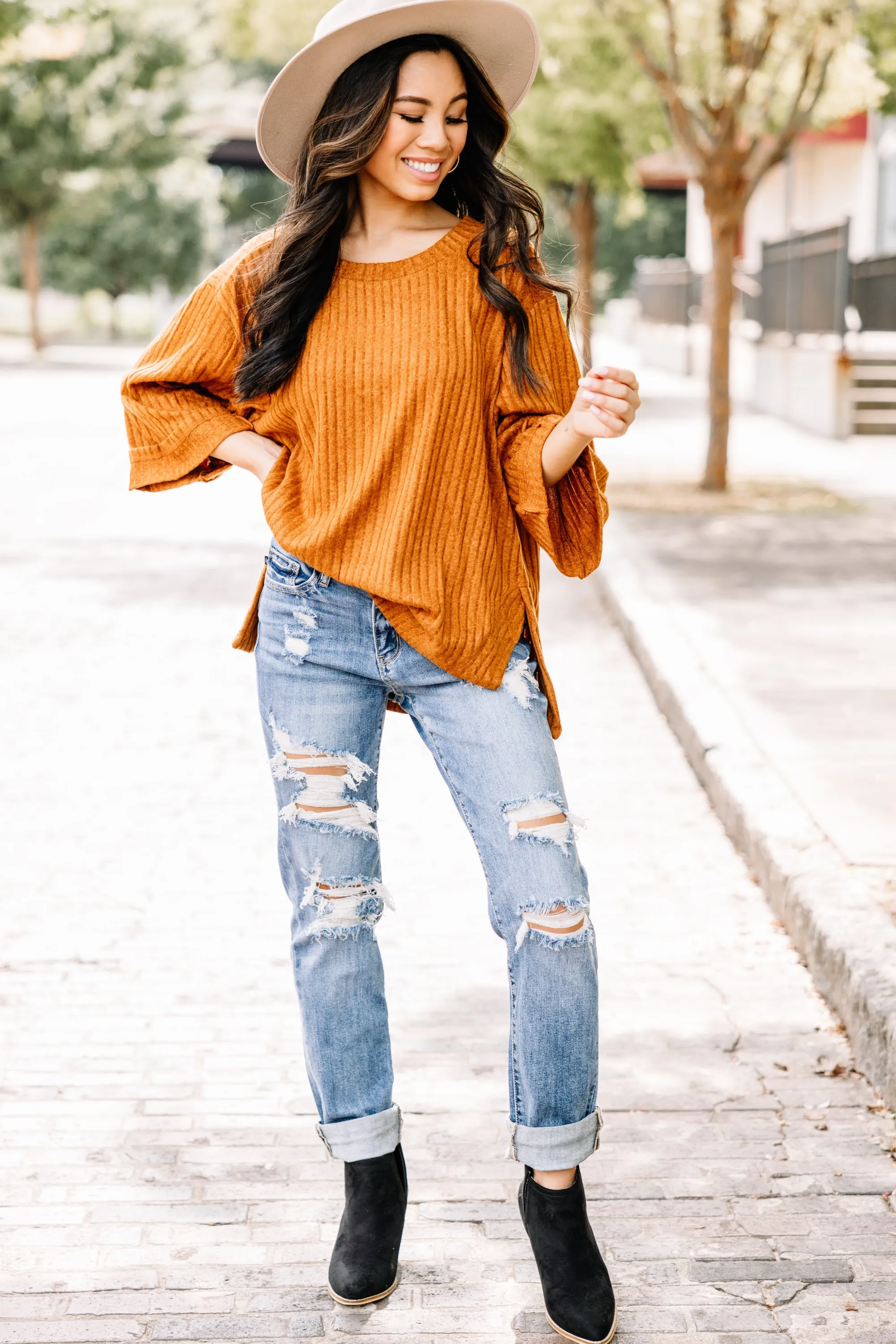 Look This Way Camel Brown Ribbed Sweater