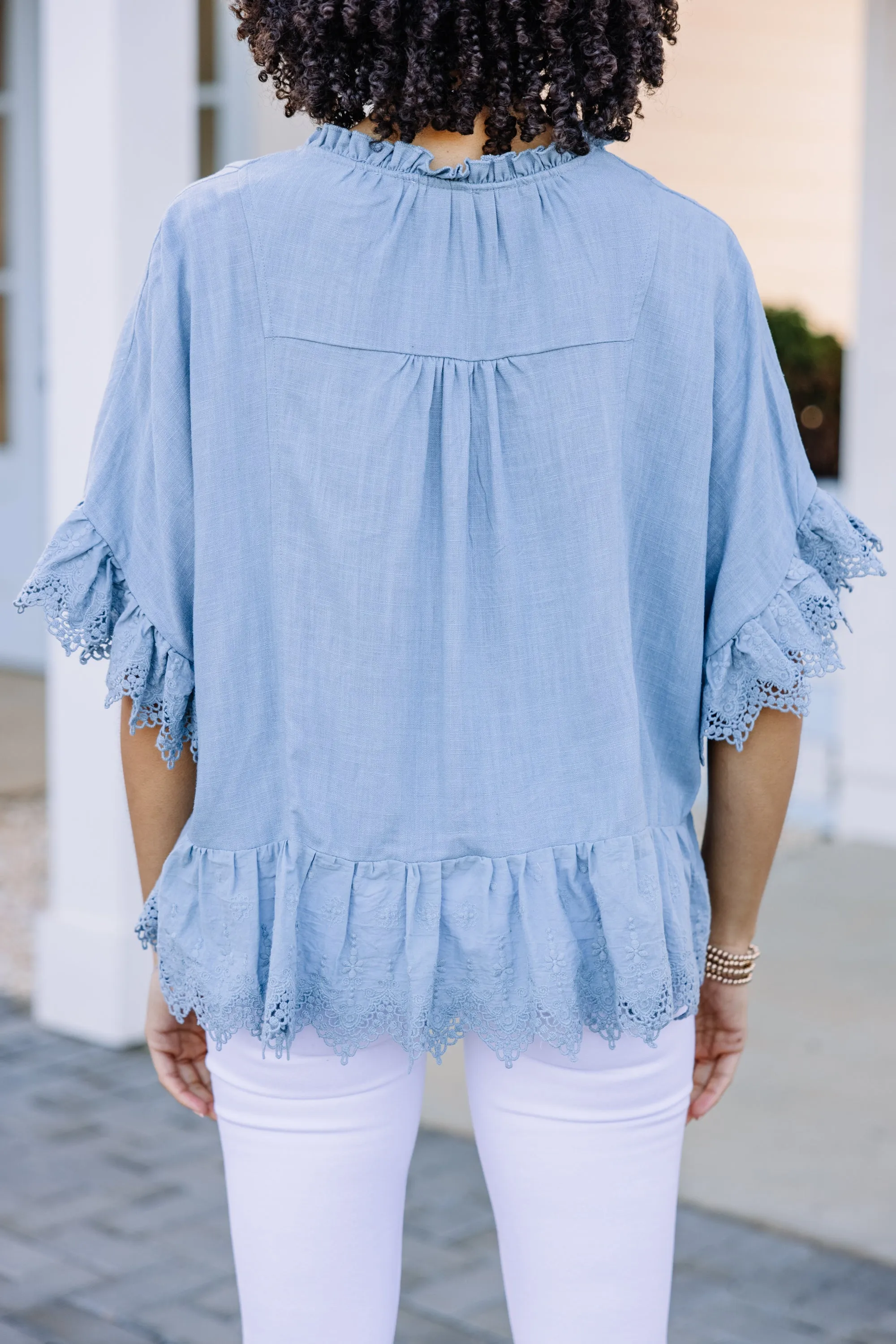 Looking Out Chambray Blue Ruffled Top