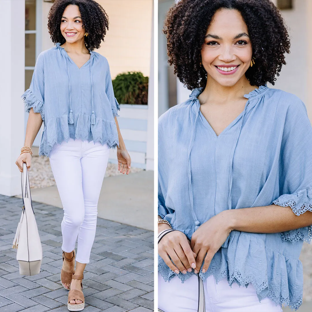Looking Out Chambray Blue Ruffled Top