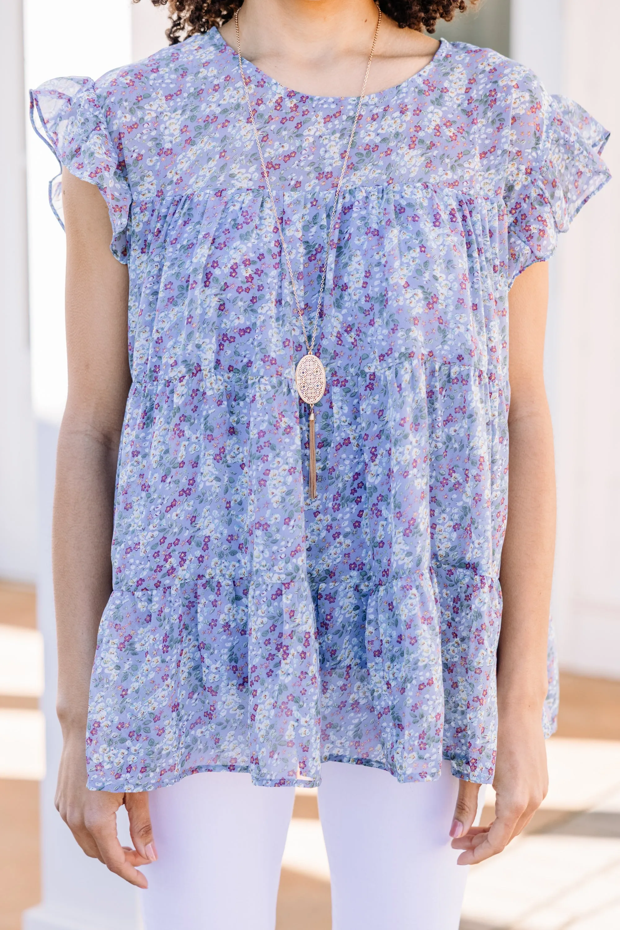 Lose Yourself Blue Ditsy Floral Babydoll Top