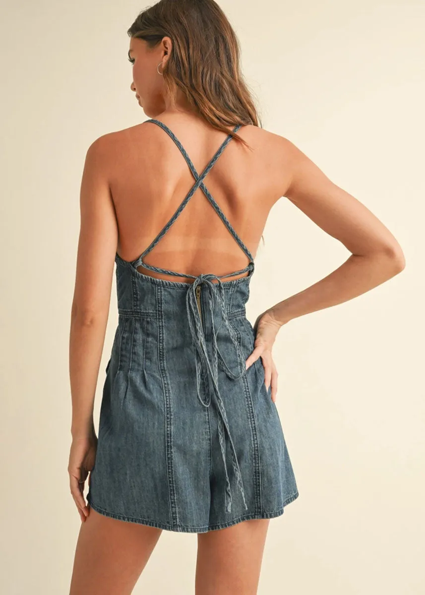 Maude Chambray Denim Romper - Indigo Blue