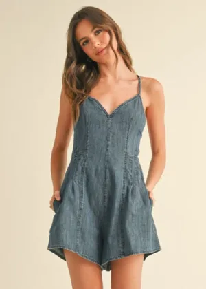 Maude Chambray Denim Romper - Indigo Blue