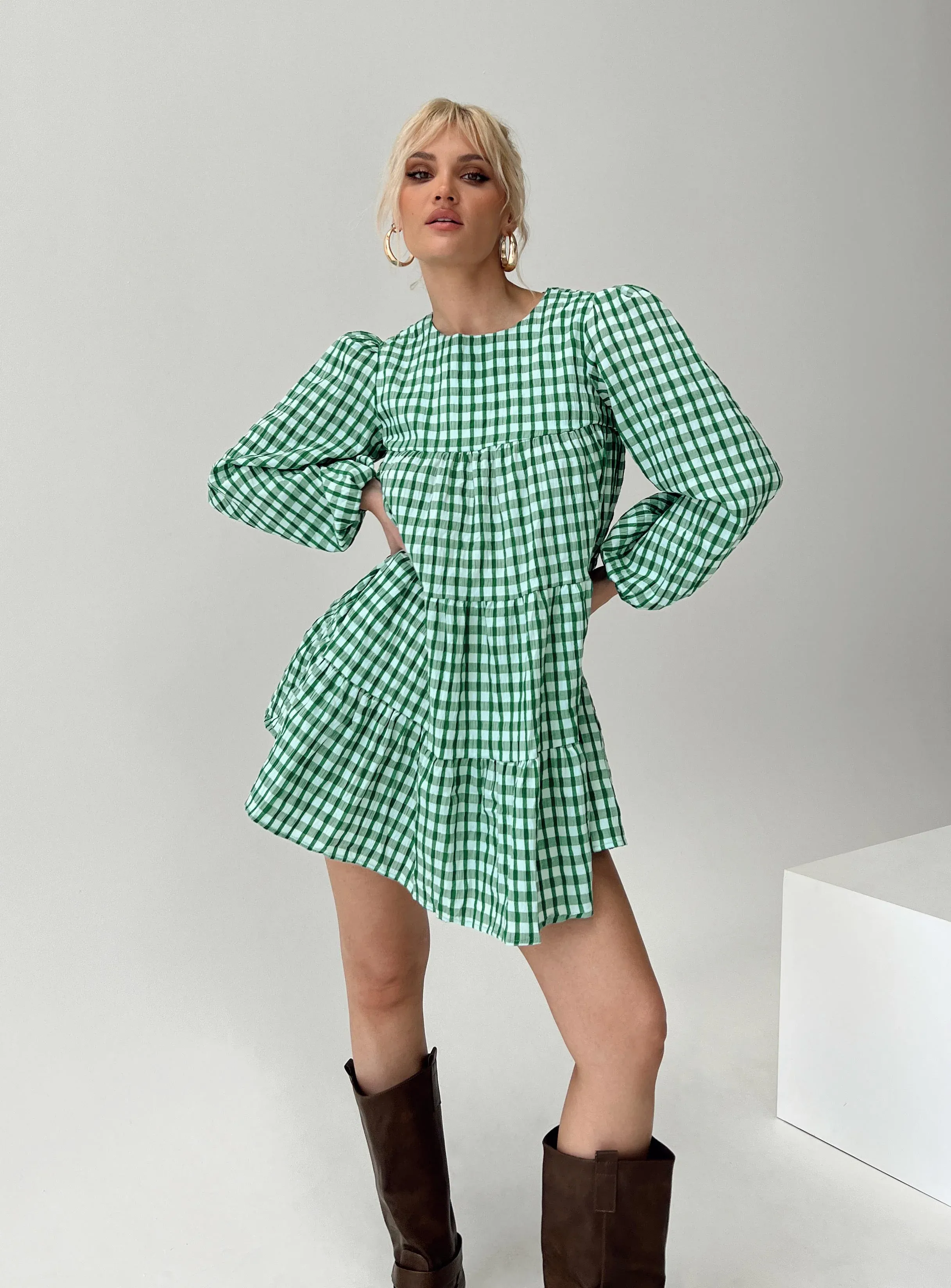 Miami Long Sleeve Mini Dress Green Check