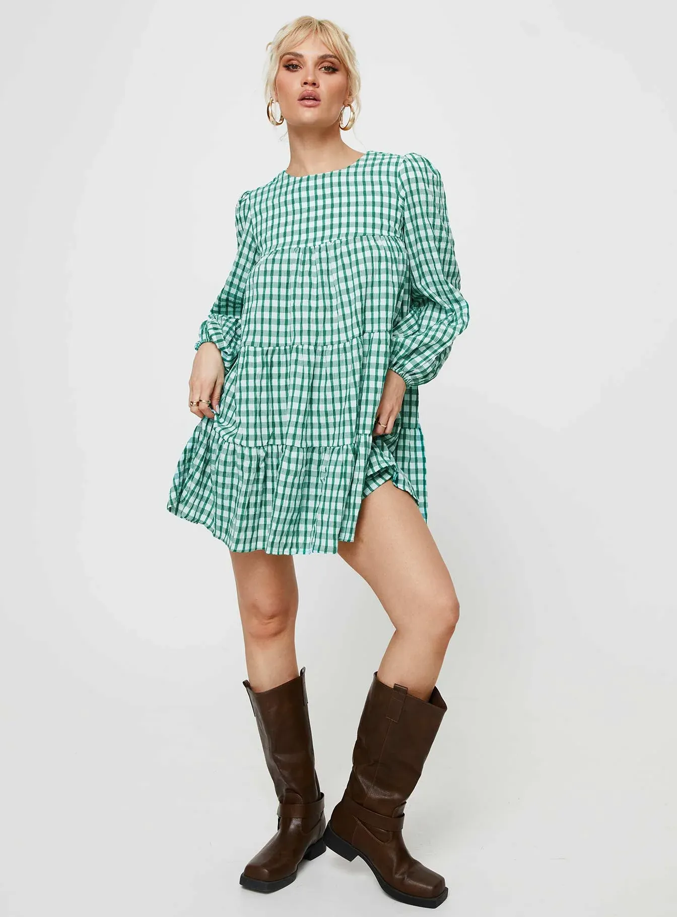 Miami Long Sleeve Mini Dress Green Check