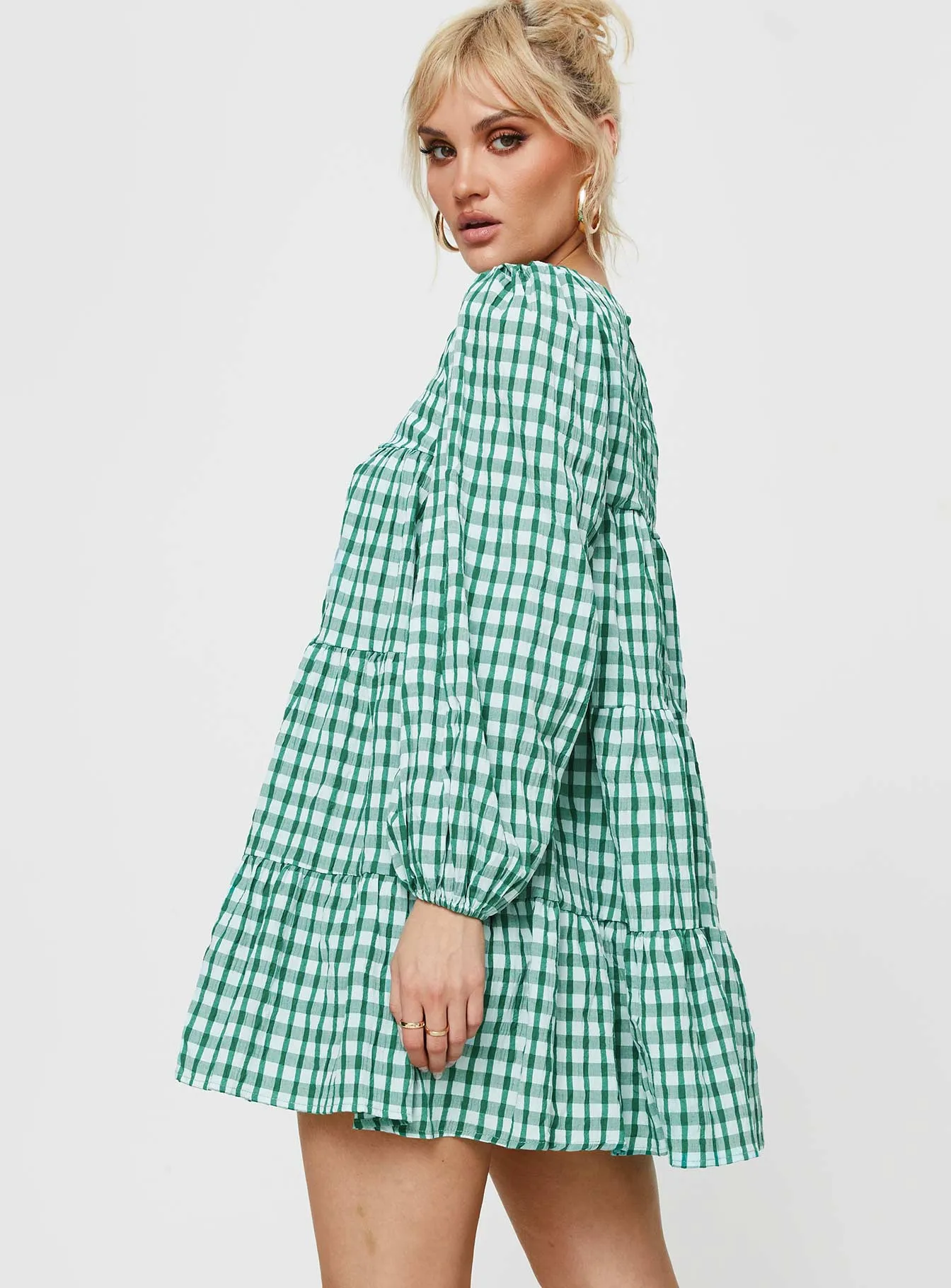 Miami Long Sleeve Mini Dress Green Check