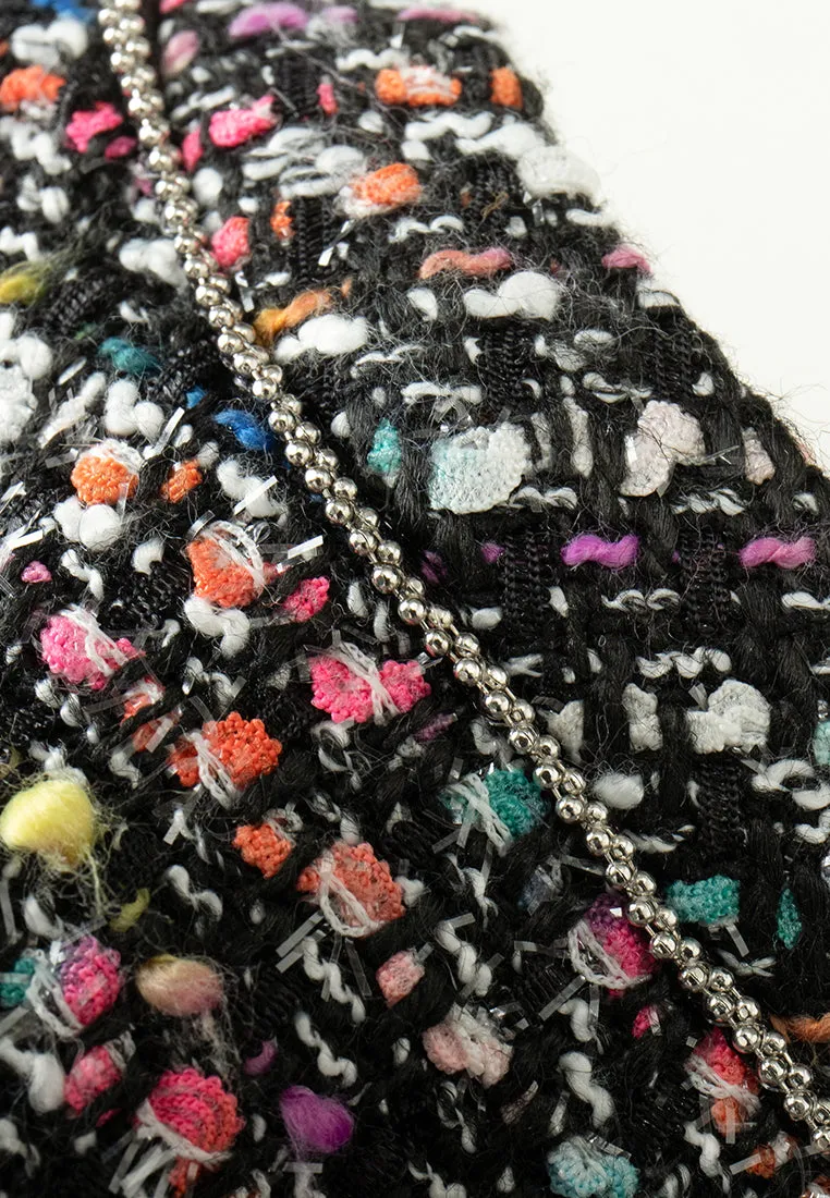 Mixed tweed V-neck Hollow-carved Crystal Button Metalic-trim Dress