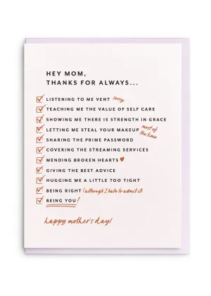 Mom List Mother's Day Card
