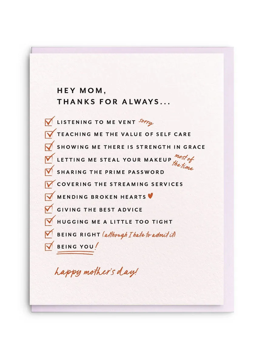 Mom List Mother's Day Card