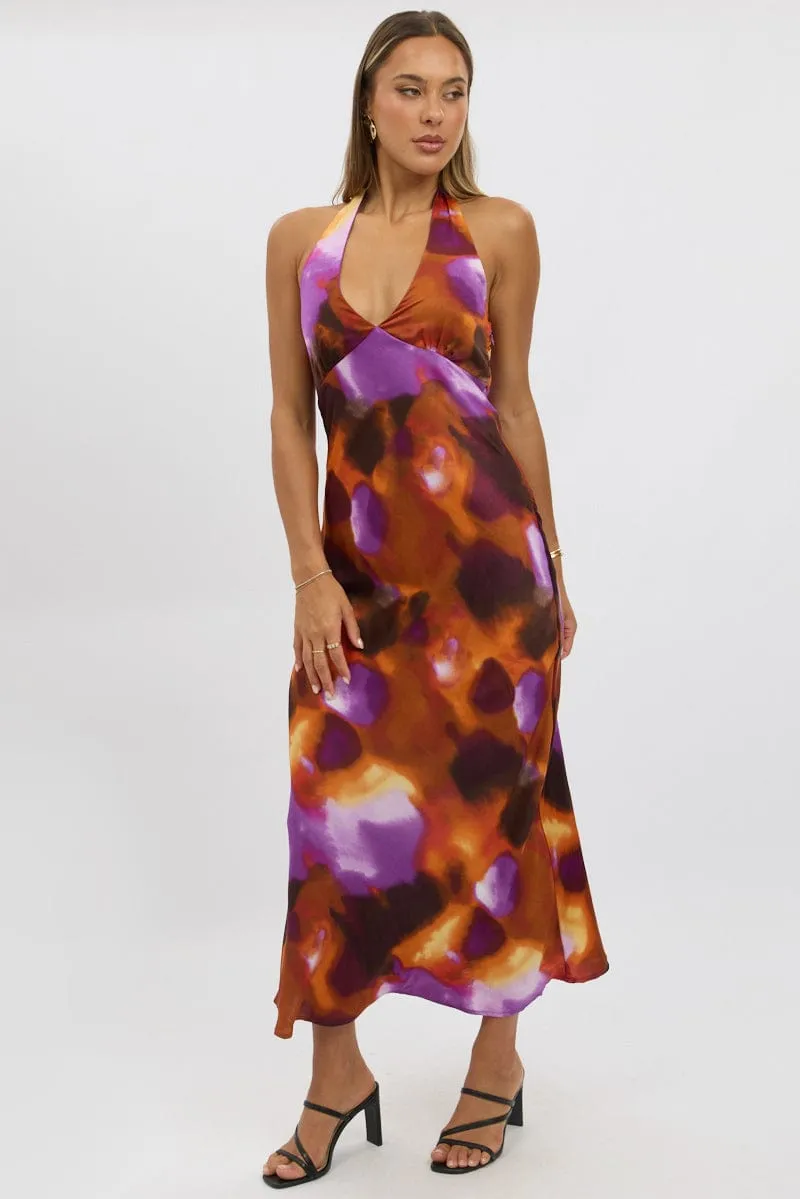 Multi Abstract Halter Neck Dress Midi