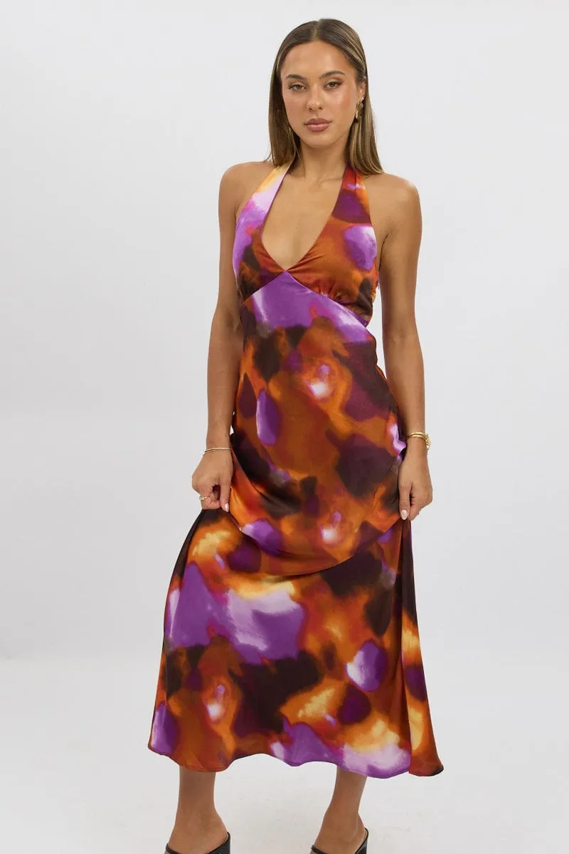 Multi Abstract Halter Neck Dress Midi