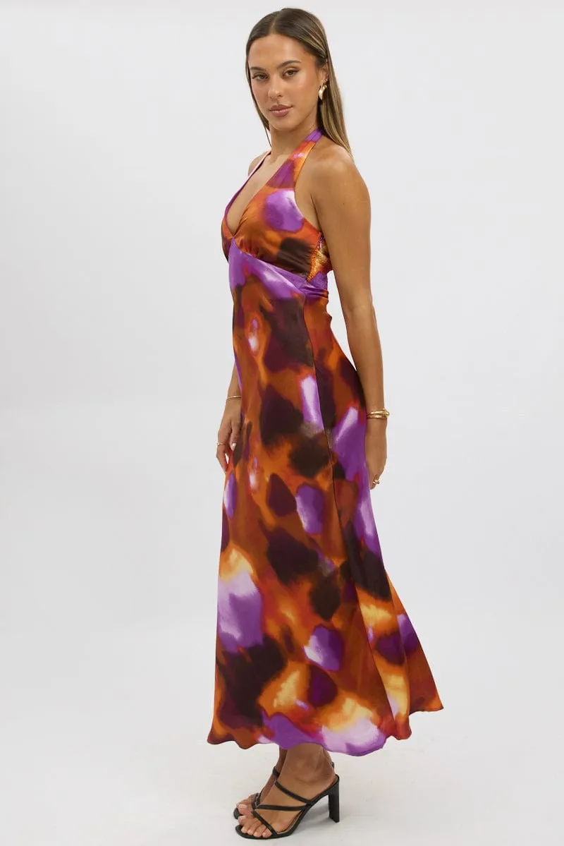 Multi Abstract Halter Neck Dress Midi