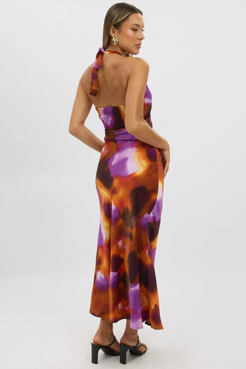 Multi Abstract Halter Neck Dress Midi