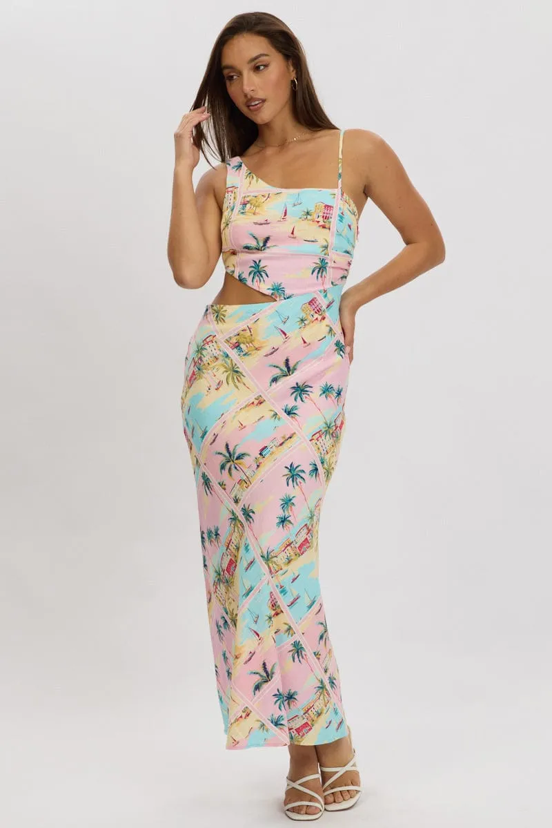 Multi Abstract Maxi Dress Cut Out Detail