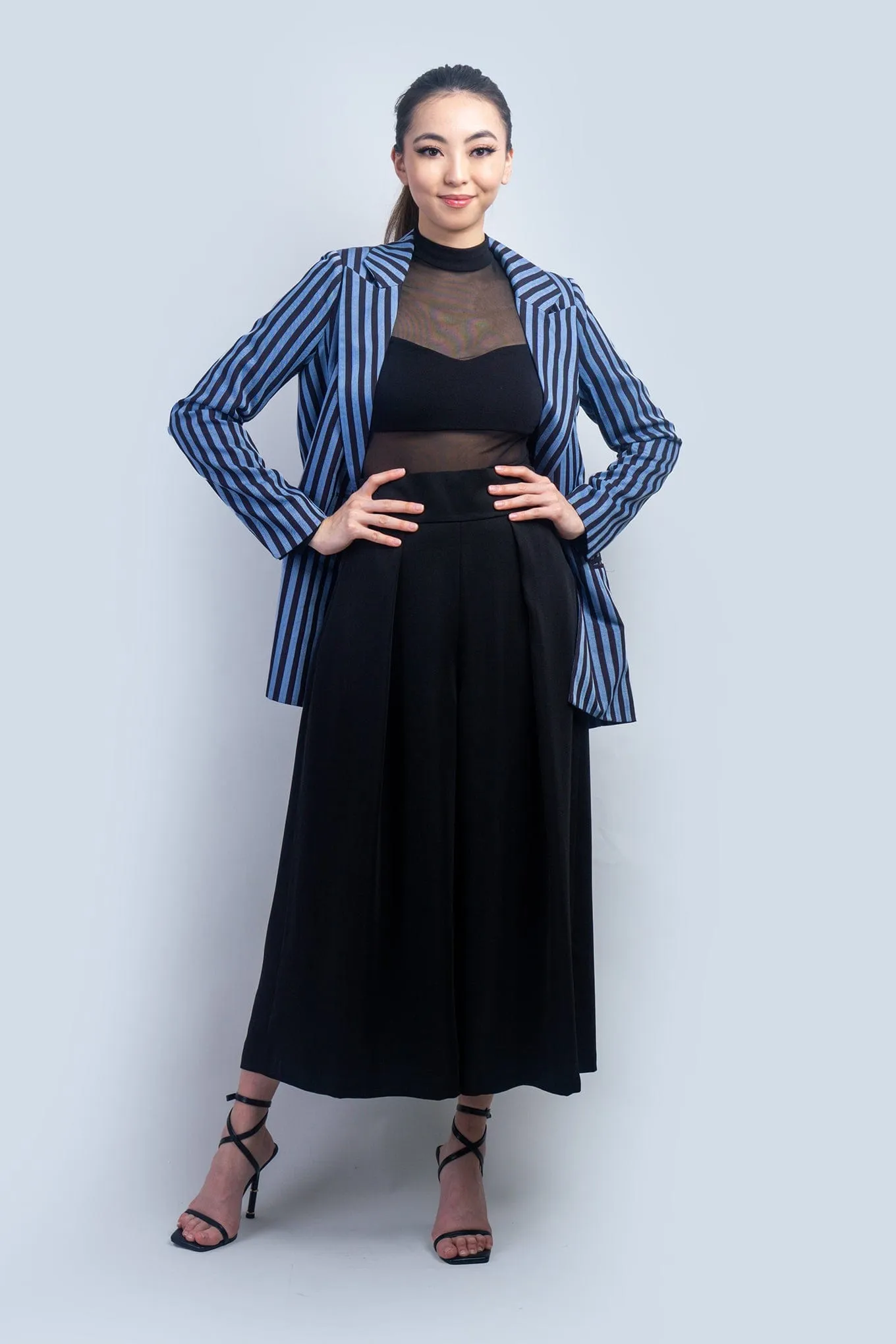 Navy and Denim Blue Stripe Belted Blazer Jacket
