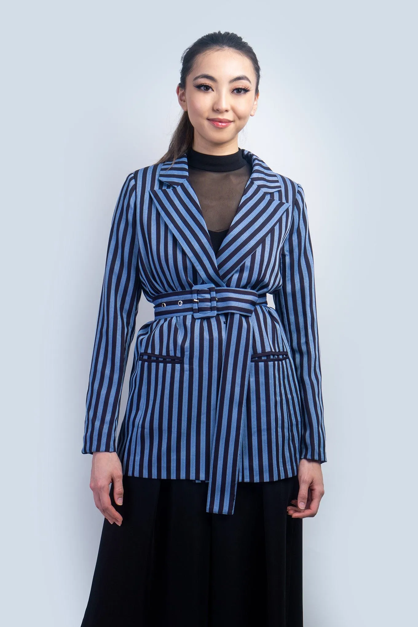Navy and Denim Blue Stripe Belted Blazer Jacket