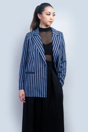 Navy and Denim Blue Stripe Belted Blazer Jacket