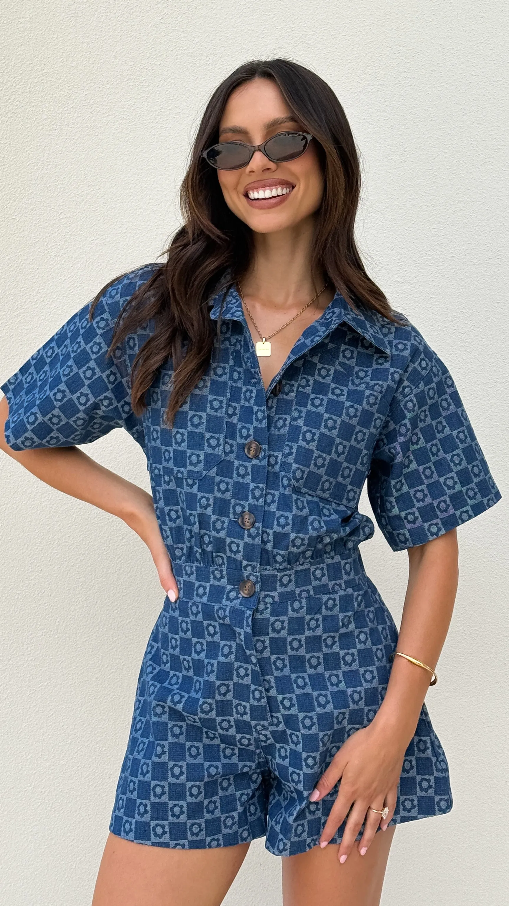 Nella Playsuit - Printed Blue Denim