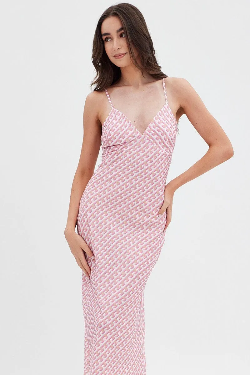 Pink Geo Midi Dress V-Neck Sleeveless