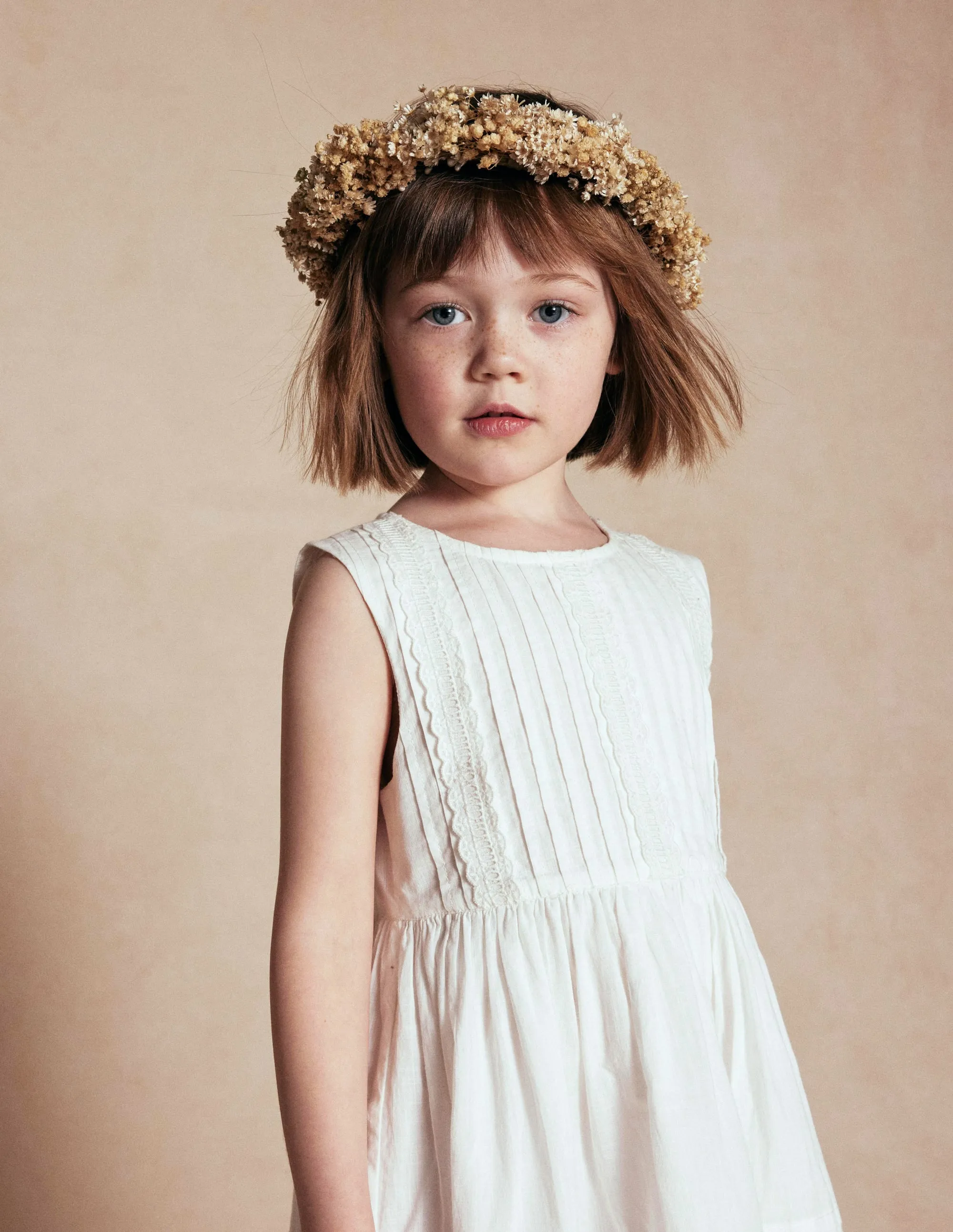 Pintuck Lace Trim Dress-Soft Ivory