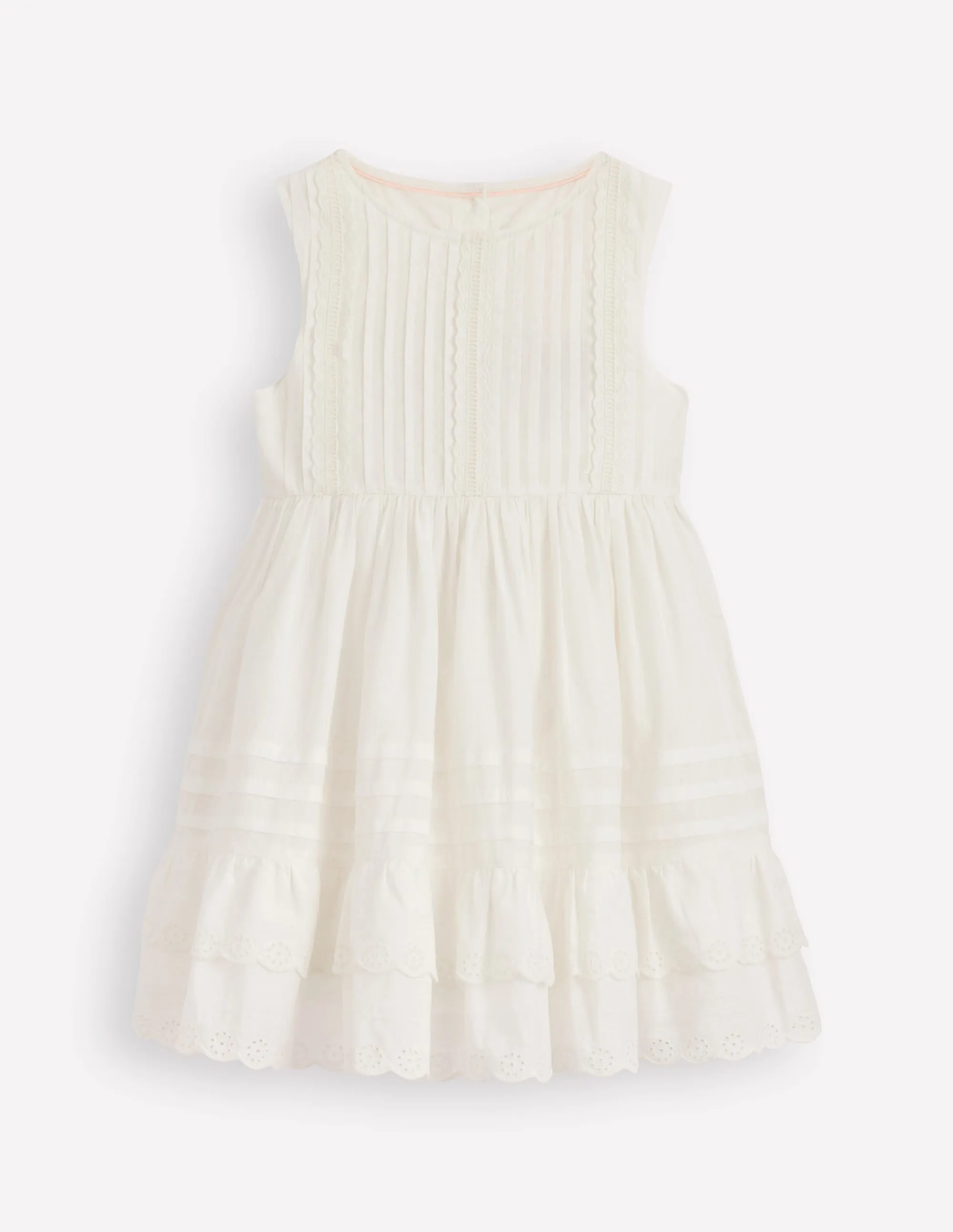 Pintuck Lace Trim Dress-Soft Ivory