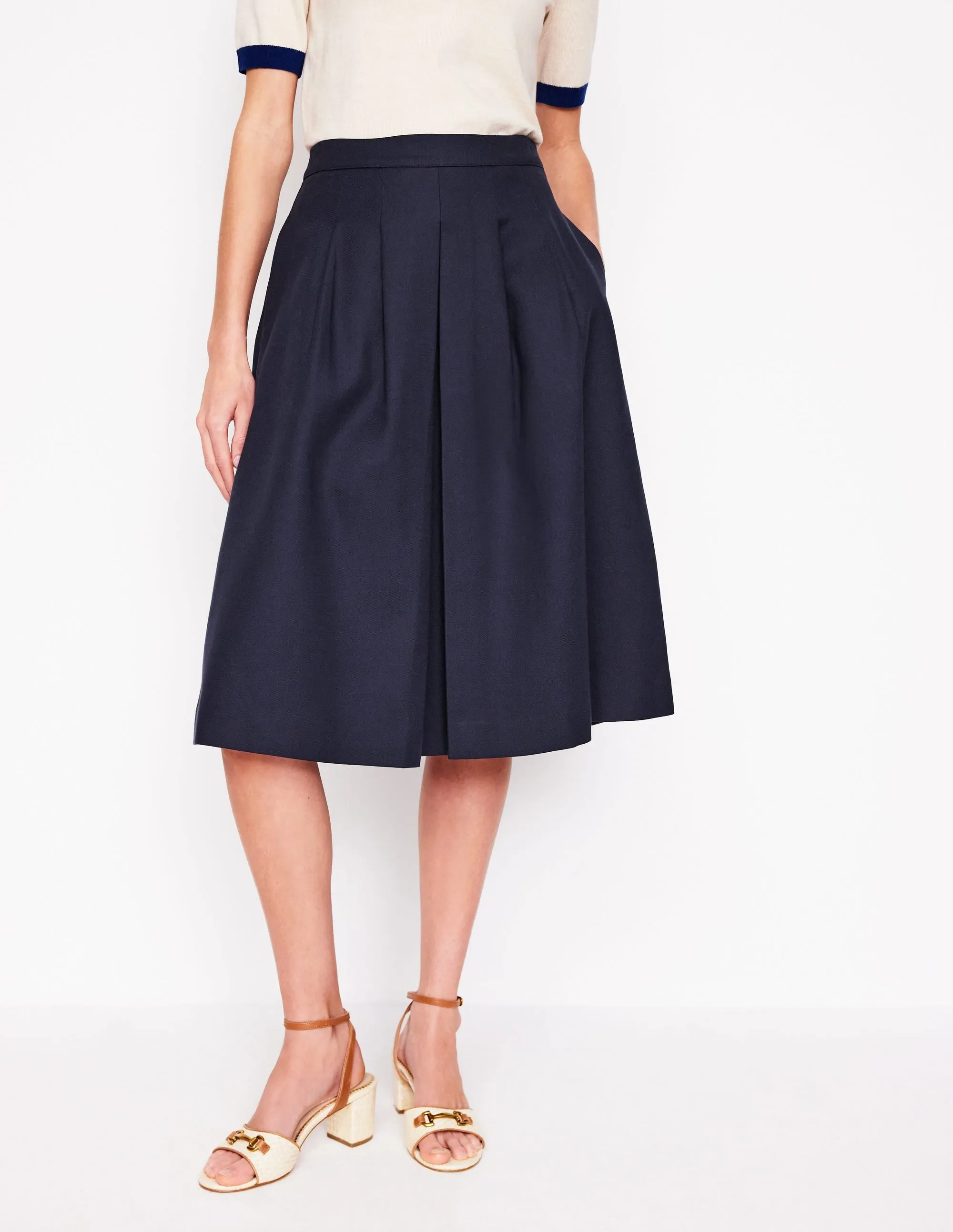 Pleat Detail Midi Skirt-Navy