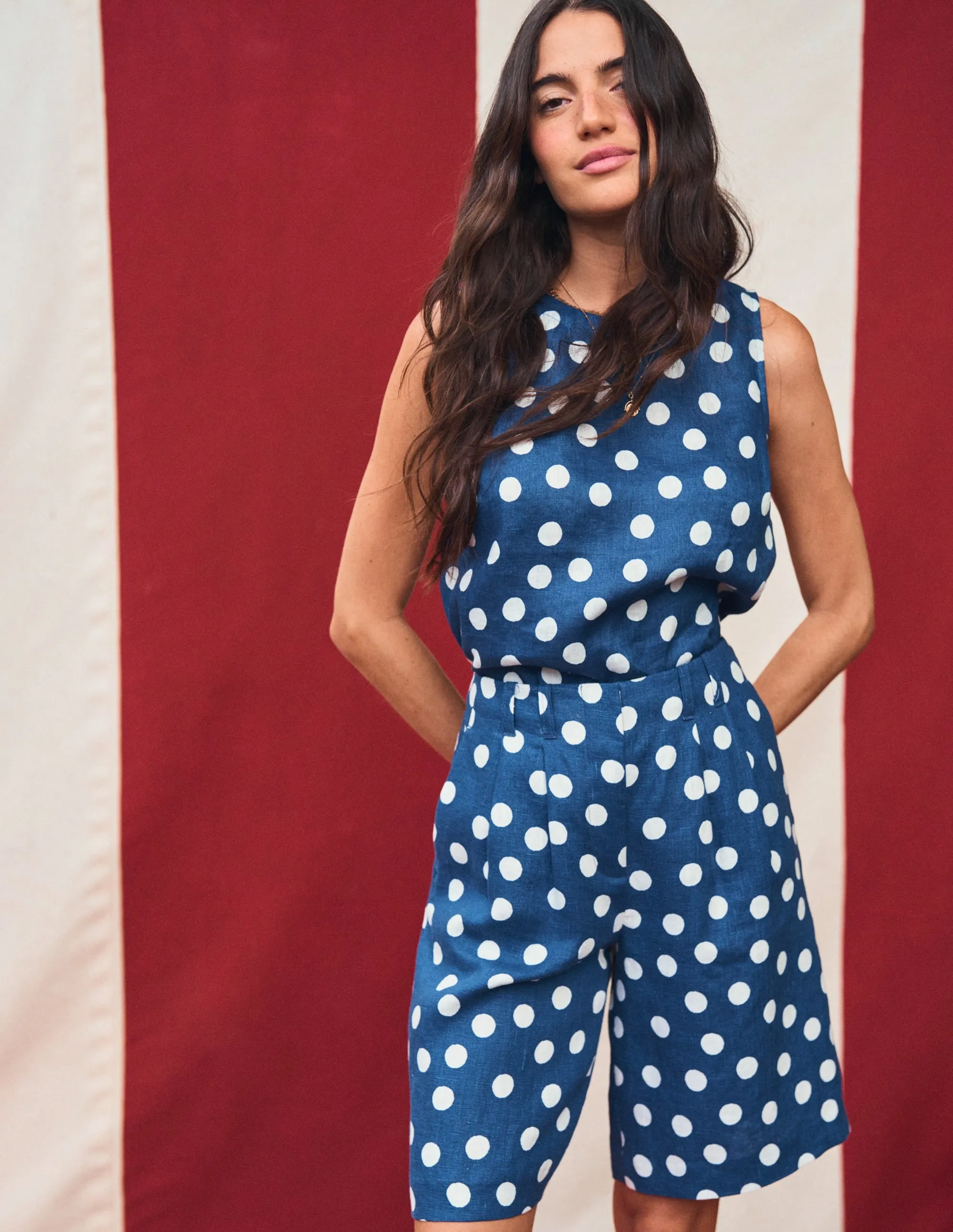 Pleat Linen Wide Leg Shorts-Navy Painted Dot