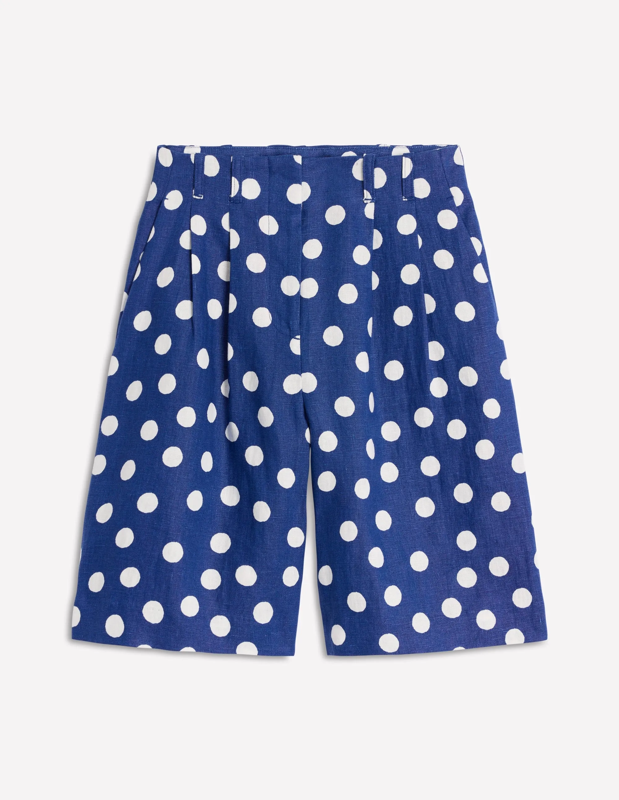 Pleat Linen Wide Leg Shorts-Navy Painted Dot