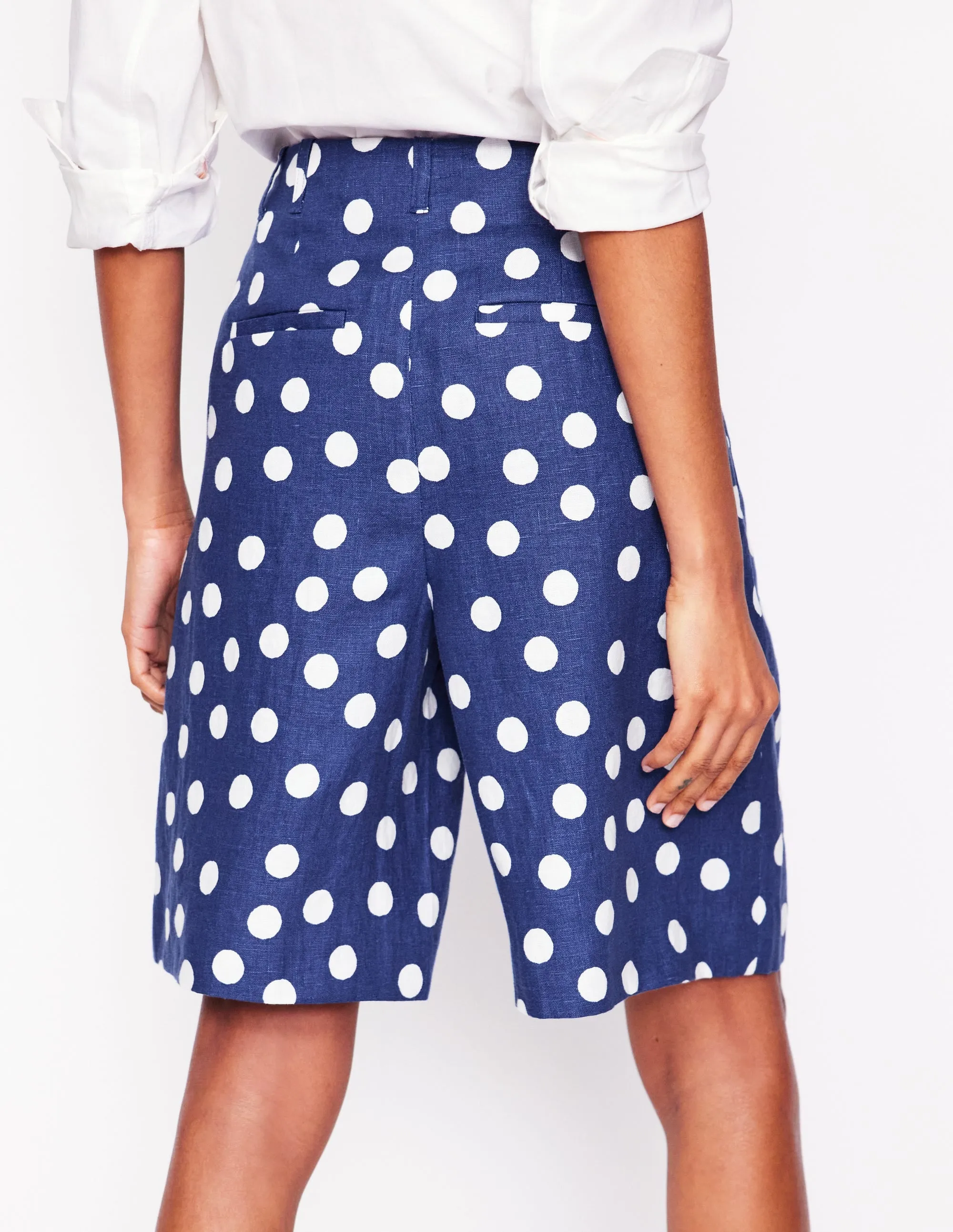 Pleat Linen Wide Leg Shorts-Navy Painted Dot