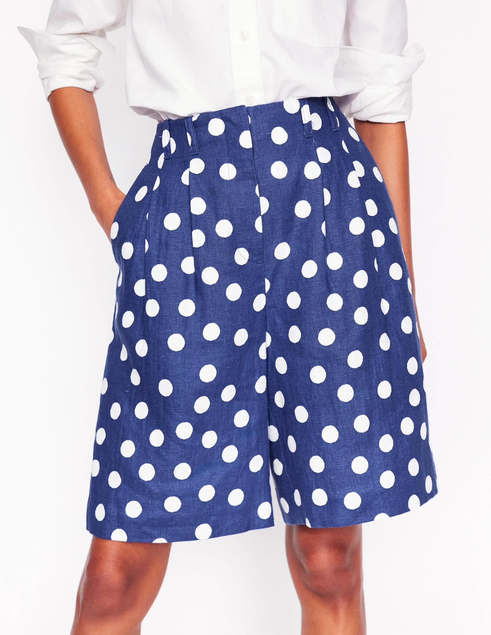 Pleat Linen Wide Leg Shorts-Navy Painted Dot