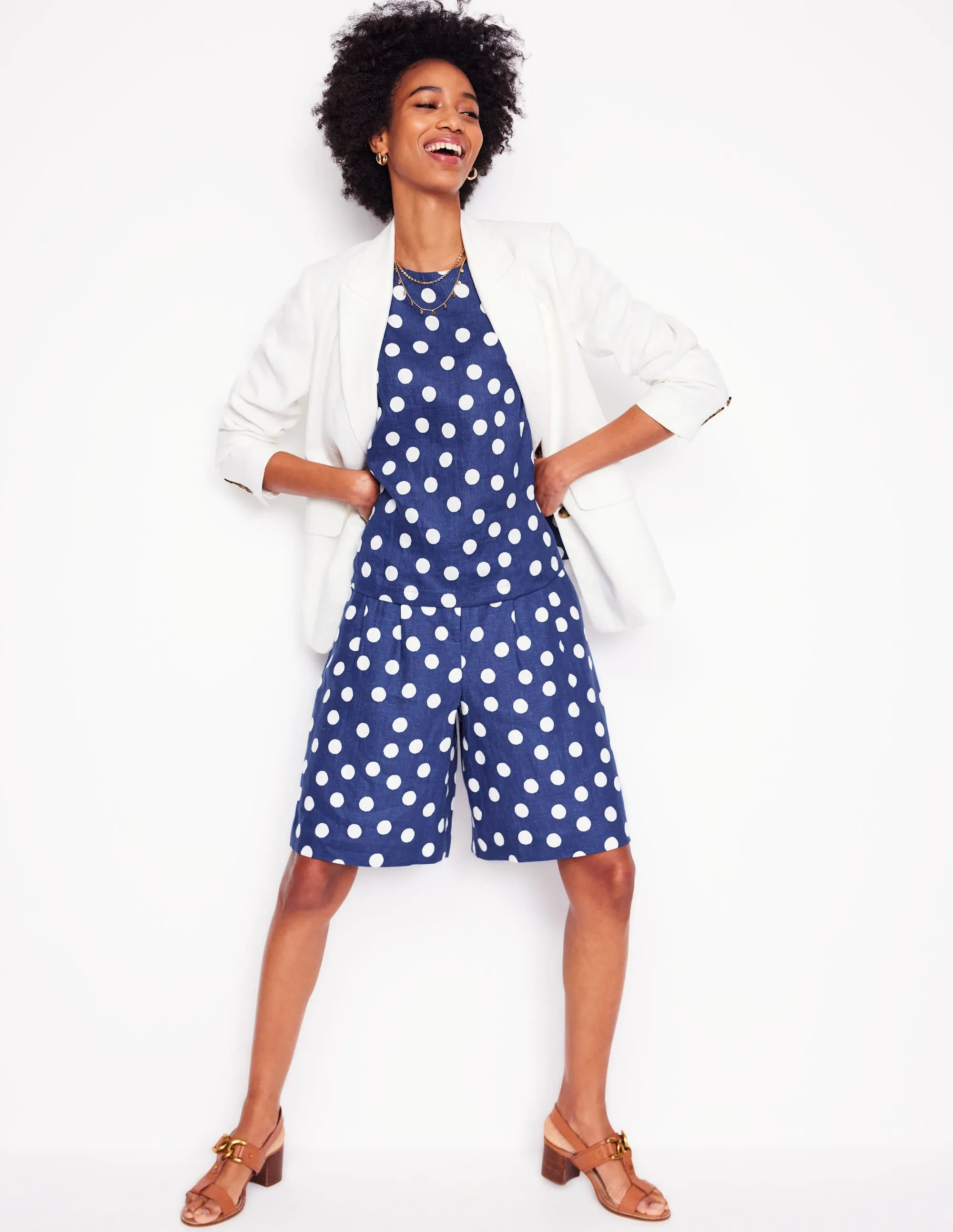 Pleat Linen Wide Leg Shorts-Navy Painted Dot