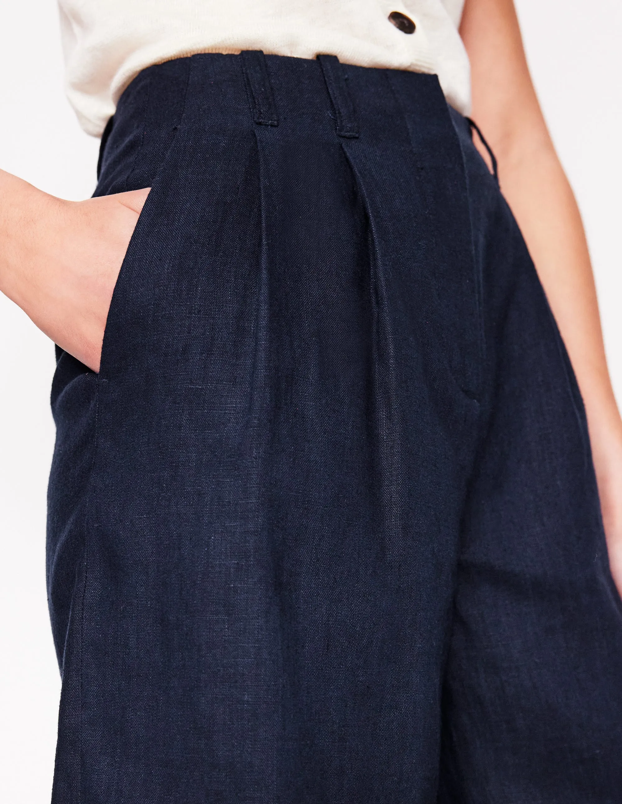 Pleat Linen Wide Leg Shorts-Navy