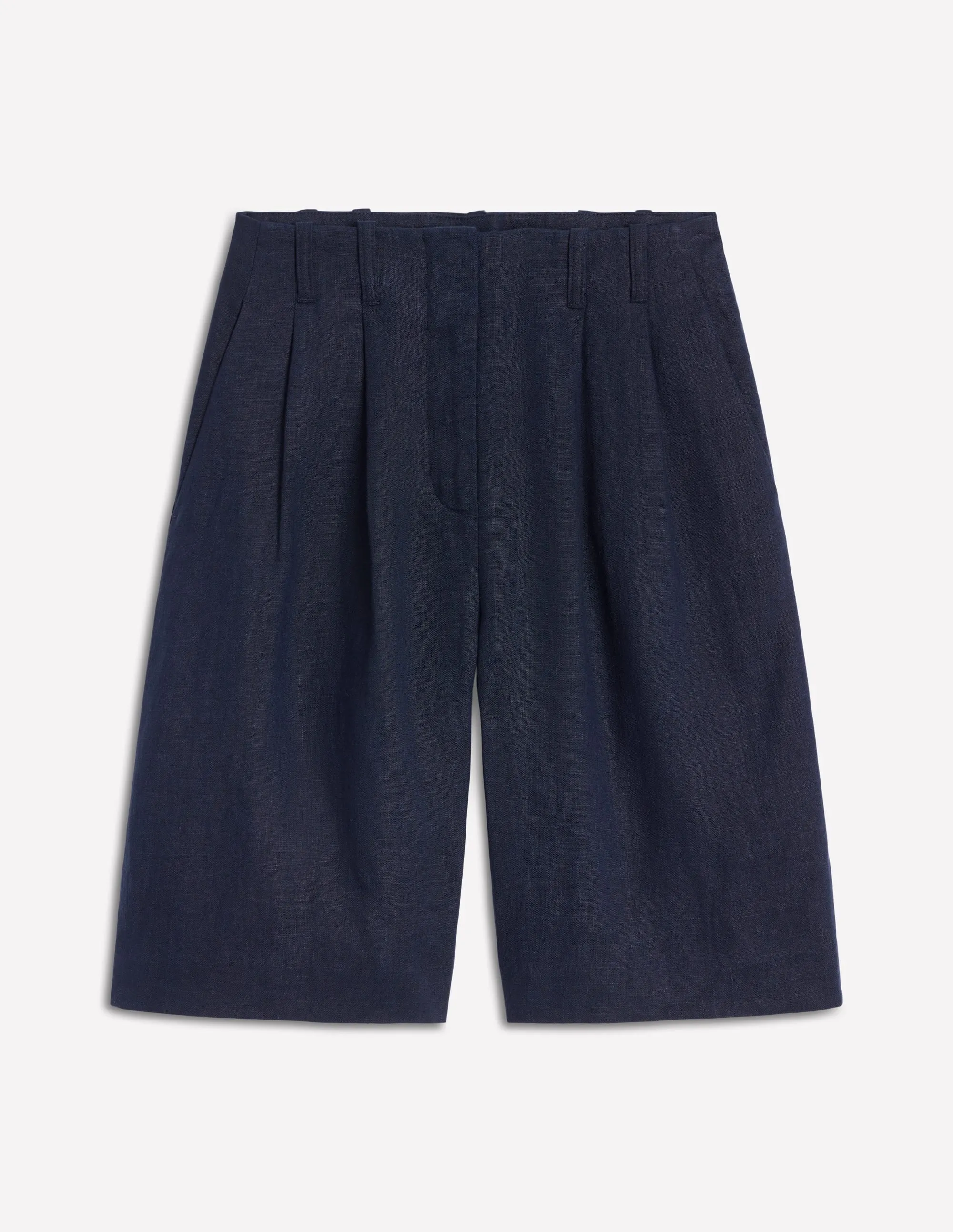 Pleat Linen Wide Leg Shorts-Navy