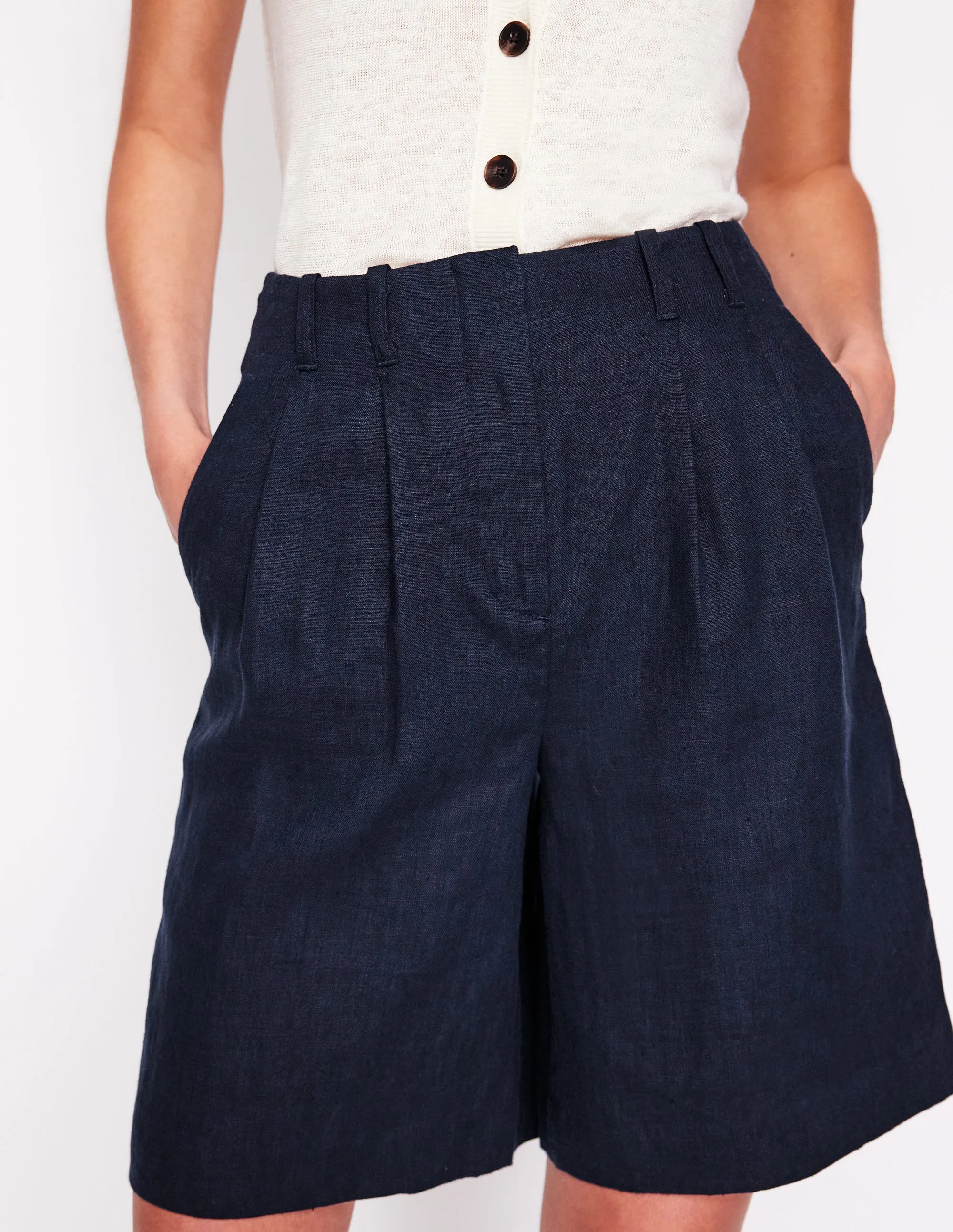 Pleat Linen Wide Leg Shorts-Navy