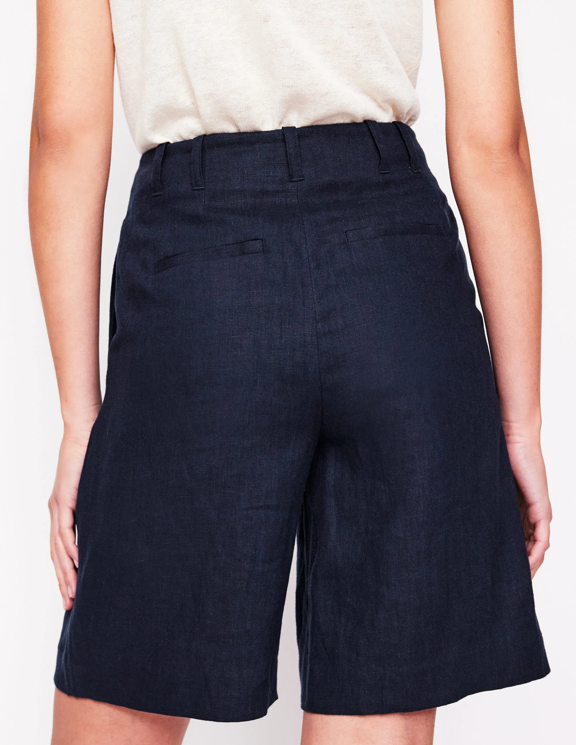 Pleat Linen Wide Leg Shorts-Navy