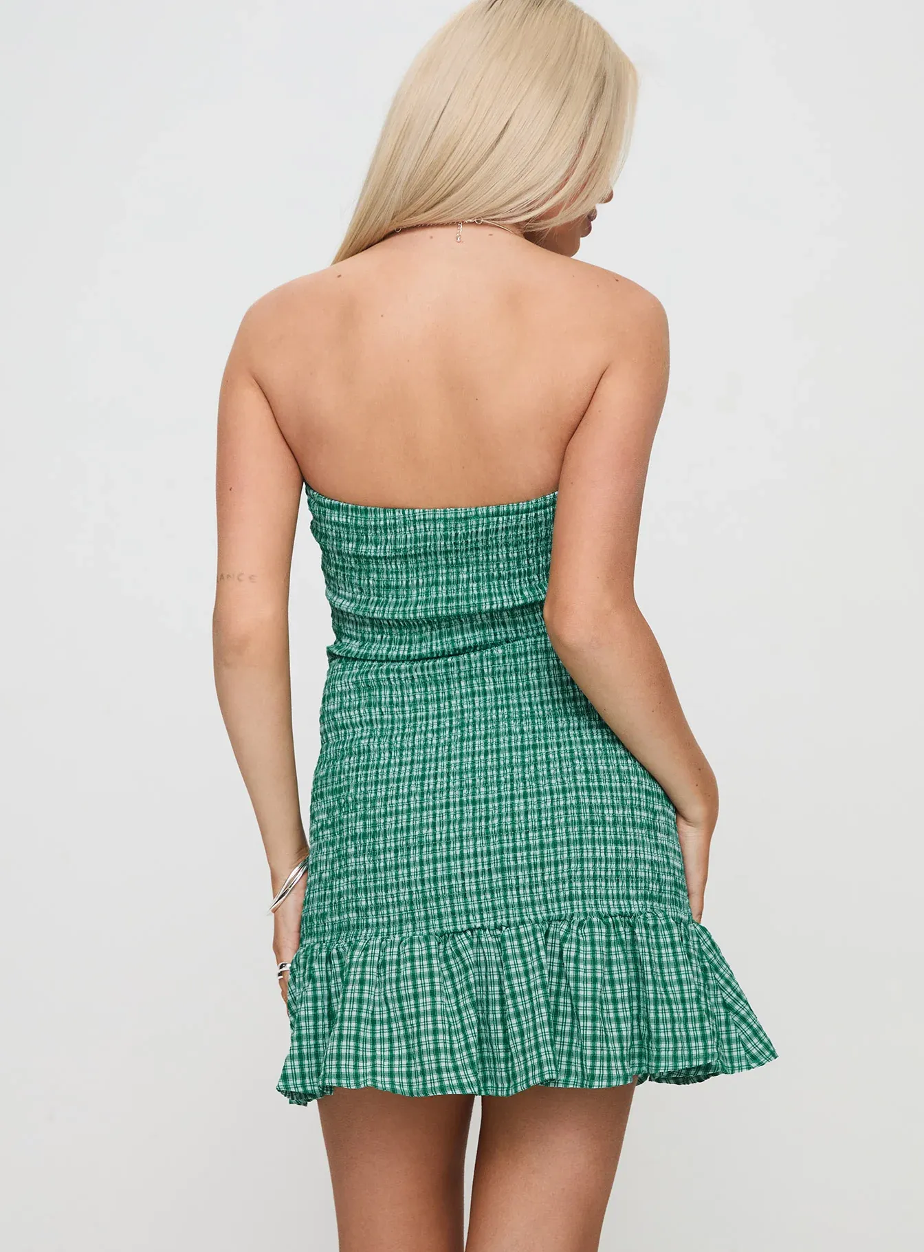Porschia Strapless Mini Dress Green Check