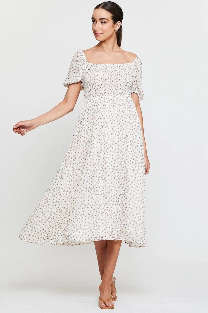 Print Midi Dress Short Sleeve Round Neck