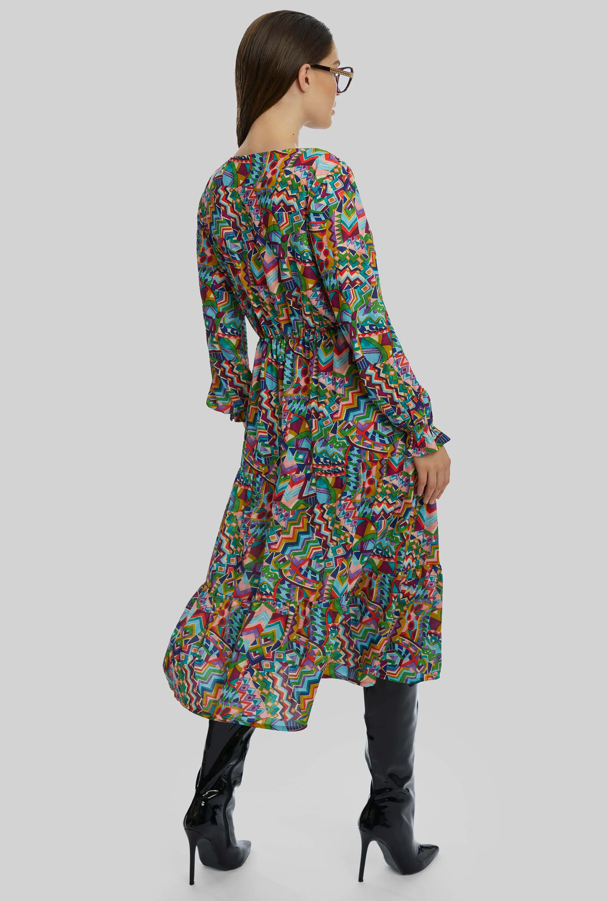 Printed Round Neck Tiered Midi Dress