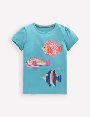 Puff Sleeve Superstitch Top-Aqua Sea Blue Fish