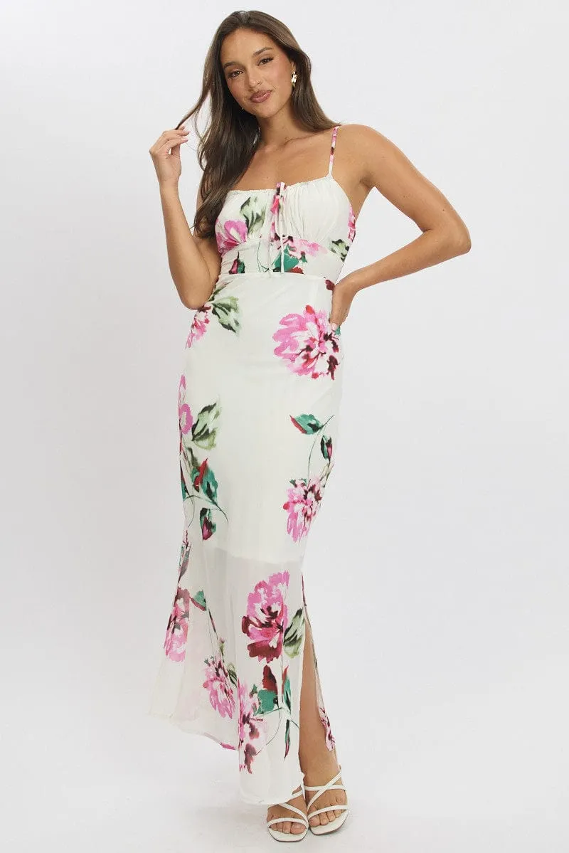 Purple Floral Midi Dress Gathering Bust Sleeveless
