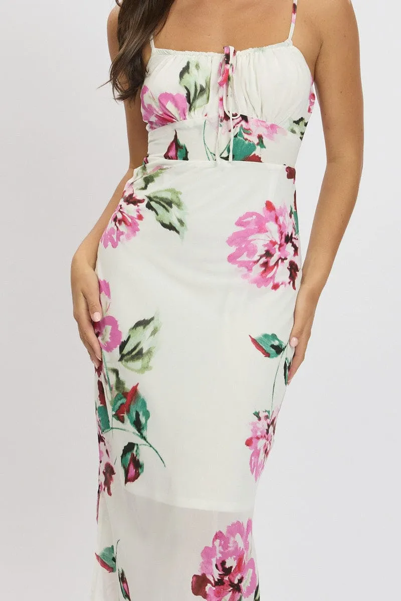 Purple Floral Midi Dress Gathering Bust Sleeveless