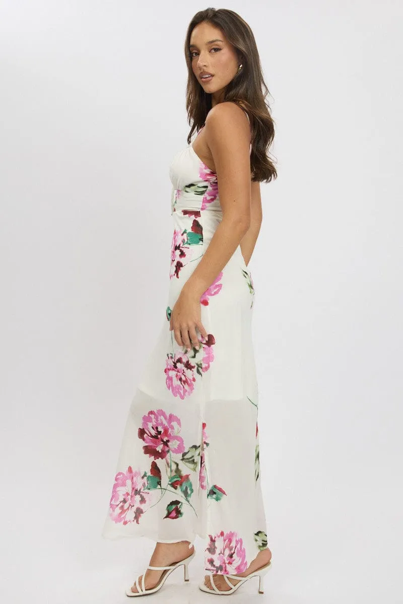 Purple Floral Midi Dress Gathering Bust Sleeveless