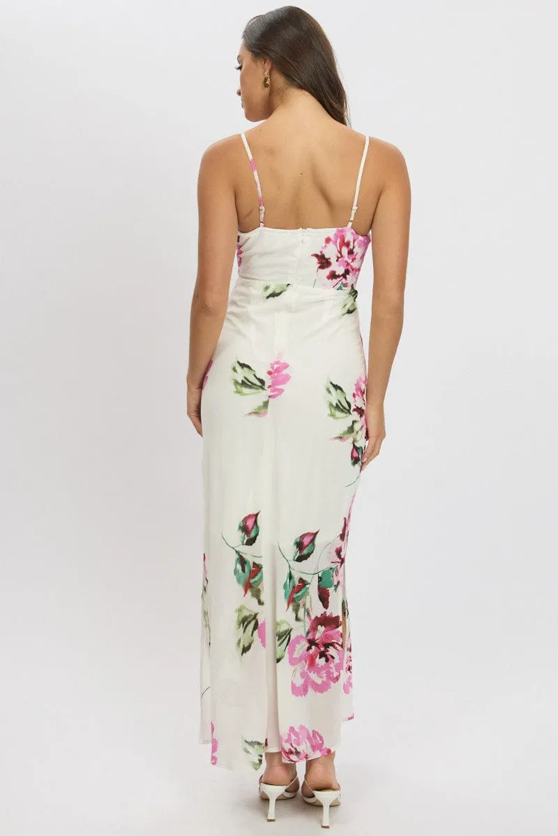 Purple Floral Midi Dress Gathering Bust Sleeveless