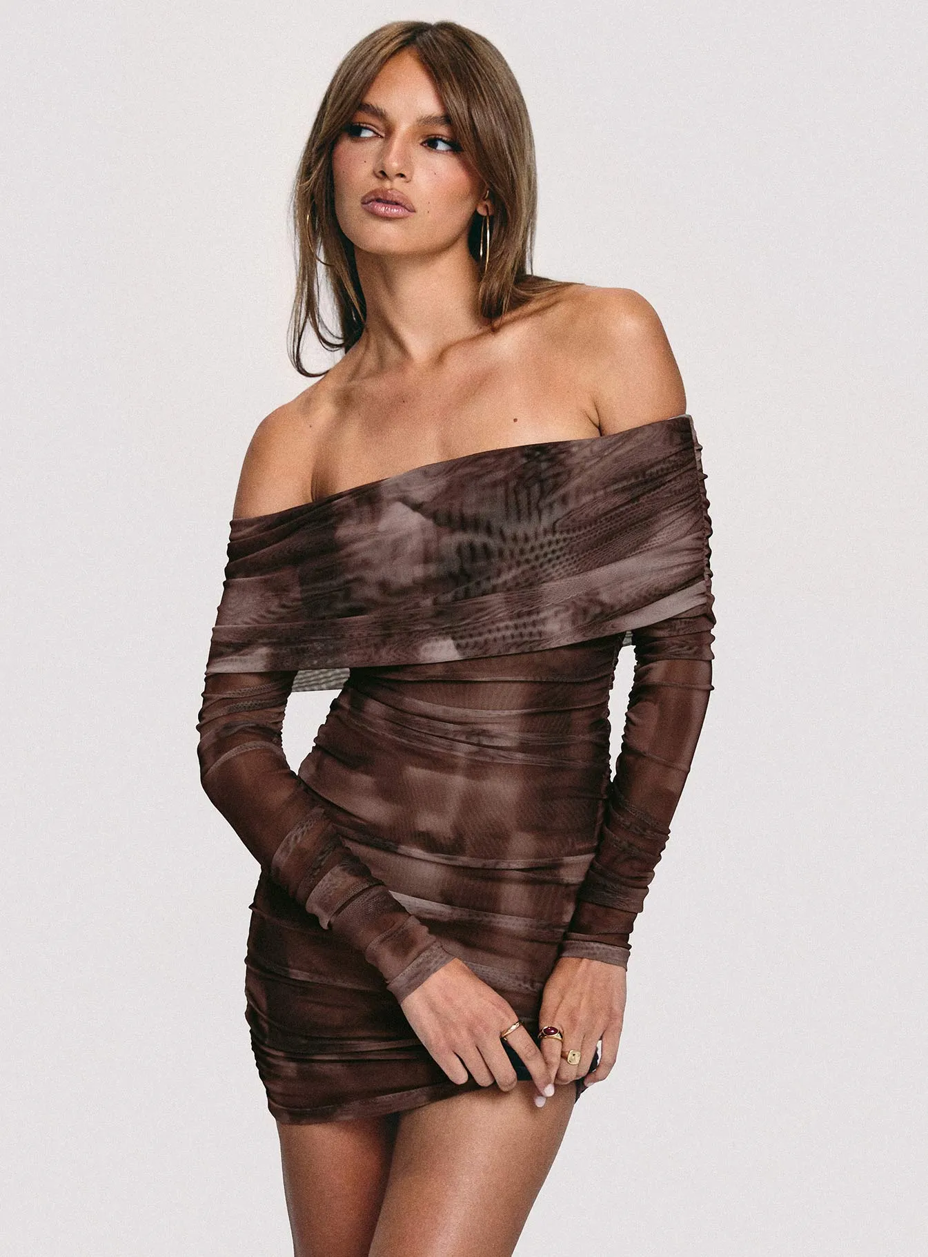 Raquella Long Sleeve Mini Dress Brown